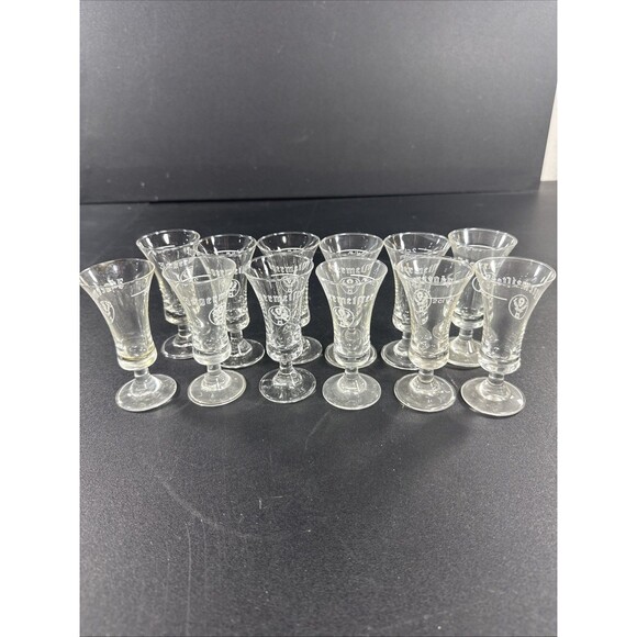Vintage Set of 12 Jagermeister Footed Stemmed Shot Glasses 2CL Logo Barware - Picture 1 of 5